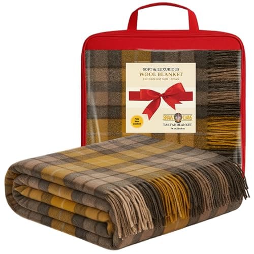 Image of 100% Pure Wool Tartan Blankets for beds, Sofa throws - Buchanan Natural Tartan - warm large size 74x62 Inches, Fringed edges - Scottish plaid check Soft Cozy Rug - Mothers day, Wedding gifts