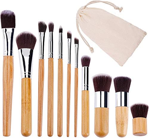 Image of VOANZO 11pcs Makeup Brush Set Natural Bamboo Soft Synthetic Make up Brushes Set Concealers Lip Eyeshadows Blending Brush Kit with Travel Pouch