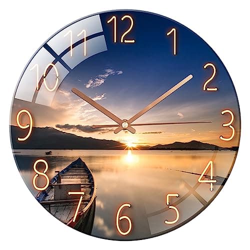 Image of ALEENFOON Glass Wall Clock 12 Inch Silent Non Ticking Round Wall Clocks for Living Room Bedroom Hallway Office ((Sunset Blue)