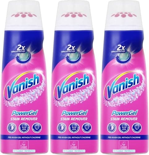 Image of Vanish Pre-Treat PowerGel Stain Remover, 200ml, Pack of 3, 2x Concentrated Formula, Fights Stubborn Grass, Mud, Make-up Stains and More, Safe on Everyday Coloured and White Fabrics