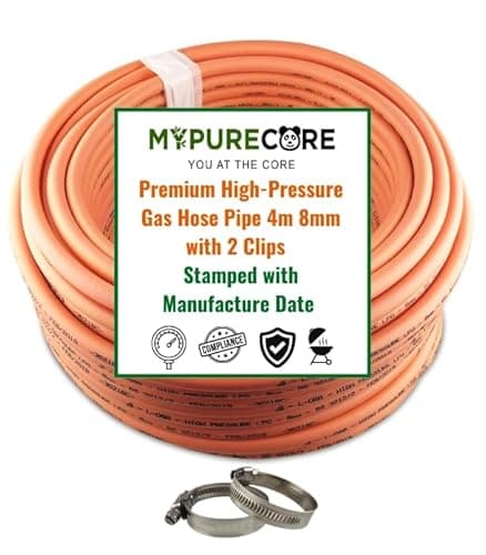 Image of MYPURECORE 4m 8mm Premium High-Pressure Gas Hose Pipe with 2 Clips – Durable LPG Propane/Butane Pipe, Stamped with Manufacture Date, for BBQ, Caravan, Camping, Cookers, Heaters, Grill and Gas Bottles