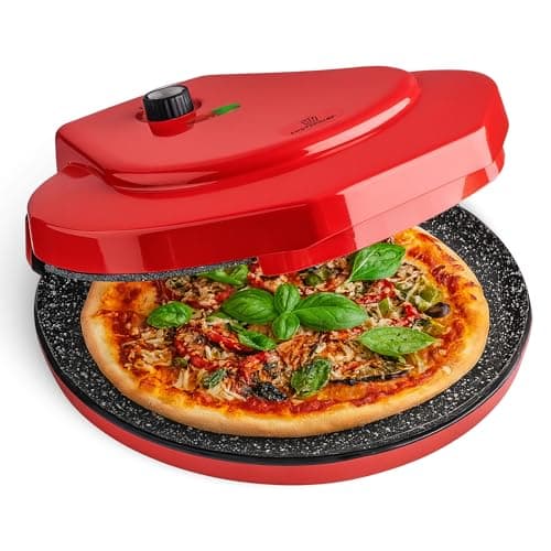 Image of MisterChef® Ceramic Pizza Maker 1450W – Authentic 12" / 30cm Pizza Oven | Dual Ceramic Non-Stick Plates for Even Cooking | Ready in Minutes | Free 100-Recipe Book | Energy Efficient | Black Red