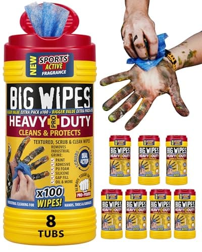 Image of Big Wipes Heavy Duty Pro+ Hand Wipes – Textured Dual-Sided Cleaning Wipes for Paint, Grease, Oil - Industrial Cleaning Products for Tools & Surfaces - Heavy Duty Hand Cleaner - 8 Tubs x800