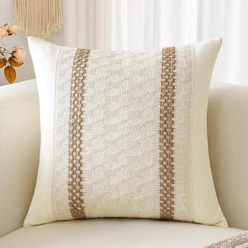 Image of Sungeek Boho Decorative Cushion Cover 40x40cm, Cotton & Burlap Textured Striped Woven Bohemian Farmhouse Throw Pillow Cover Pillowcase for Sofa Couch Living Room, Double Striped, 1 PCS