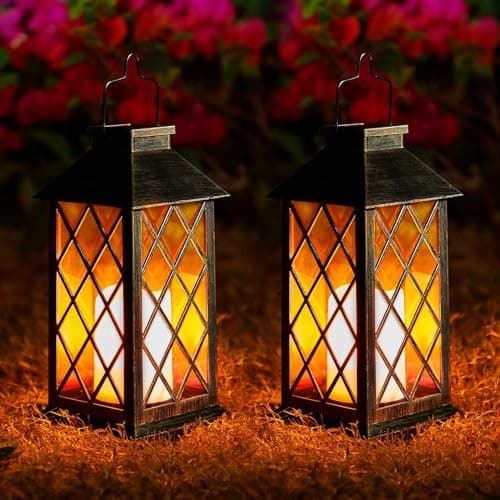 Image of Solar Lanterns for Outside – Garden Lanterns 2Pack Flickering Moroccan-Style Outdoor Lights Auto On/Off Waterproof IP44 Warm White LED Ideal for Patio, Pathway & Christmas Decor