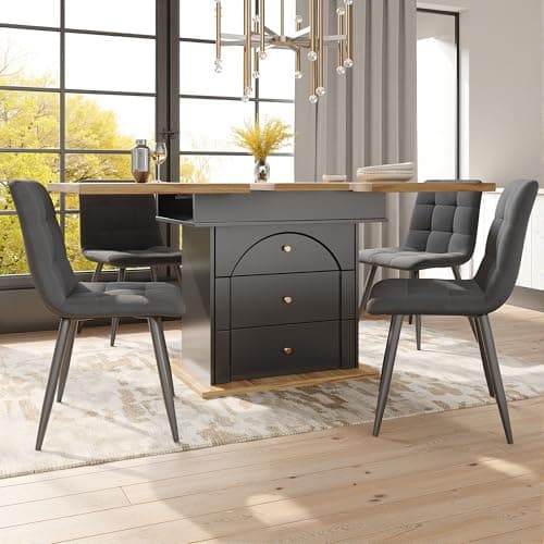 Image of Merax Dining table 110-140×80x75cm, Extendable Kitchen Table, elegant wood grain design, 1 Door & 2 Drawers, solid table base, for 4-6 People, for Home & Office, Oka+Black