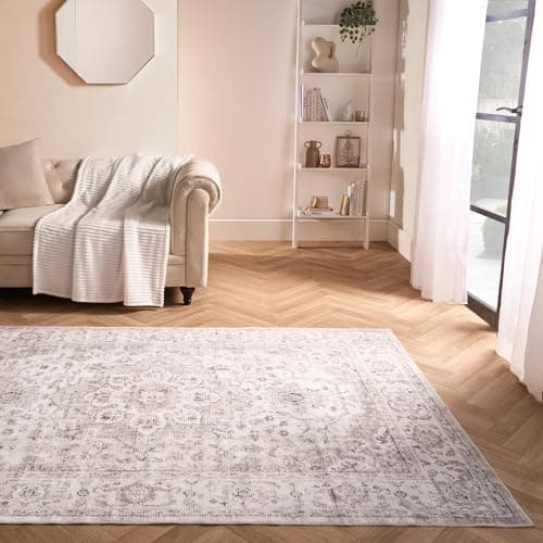 Image of OHS Living Room Rugs with Vintage Printed Design, Washable Rug Soft Decorative Durable Material Stylish Medium Sized Bedroom Rugs - Natural, 120 x 170cm