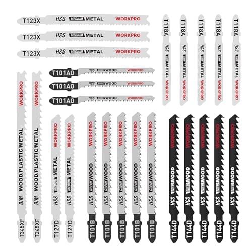 Image of WORKPRO 25-piece T-Shank Jigsaw Blade Set with Storage Case, Made with HCS/HSS/BIM, Assorted Blades for Wood, Plastic and Metal Cutting, Compatible with All Jigsaw