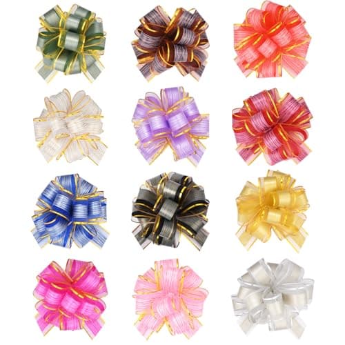 Image of HOTUT 12 Pcs Large Organza Pull Bow (6 Inch), Mixed Color Organza Pull Bows for Gift Wrapping, Ribbon Bow Present Wrapping Pull Bow with Ribbon for Wedding Cars, Party Decorations, Birthday, Christmas
