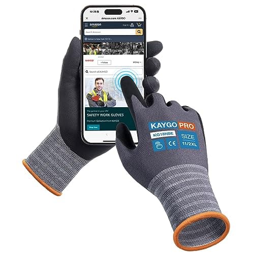 Image of KAYGO 3 Pairs Safety Work Gloves MicroFoam Nitrile Coated Touchscreen, KG18NBE, Working Gloves with Oil Resistant Grip on Palm, for Men Women, Ideal for General Purpose Automotive (XX-Large, Grey)