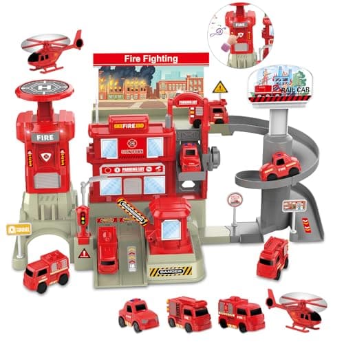 Image of deAO Fire Station Playset, 2-Level Fire Fighting Parking Lot with Ramps Tracks Garage Vehicles Fire Trucks Helicopter Safety Signs, Educational Building Toy for Toddlers Boys Girls