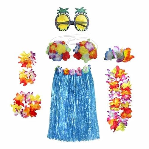 Image of 8PCS Hula Skirt Costume Hawaiian Leis Dancer Dress Set with Flower Bikini Top, Hawaiian Lei, Hibiscus Hair Clip, Pineapple for Adults Fancy Dress Supplies Party Summer Beach Tropical Party - Blue