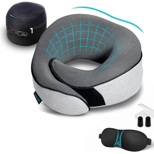 Image of Proglobe Travel Pillow, Memory Foam Neck Pillow Set, Orthopedic Pillow, Travel Essentials for Flying, Kit with 3D Contoured Sleep Mask, Earplugs and Luxury Mesh Bag (Grey)