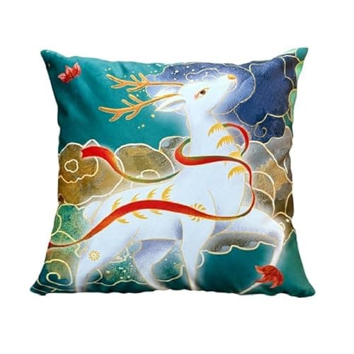 Image of whooplaArt Chinese Style Mythical Deer Velvet Throw Pillow Cover, Double - Sided Printed Soft Cushion Case for Living Room Bedroom Sofa