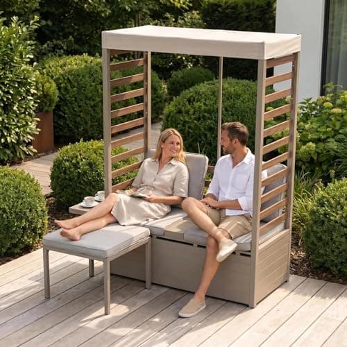 Image of Sunjoy Outdoor 2-Seater Sofa with Cushions & Footstool, Storage Space, UV Resistant Canopy, Metal Furniture Set Shade for Garden, Backyard