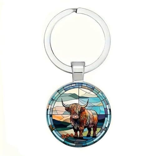 Image of 4Trails Highland Cow Glass Dome Keyring, Lucky Scottish Charm Keychain with Floral Design, Blue Stained Glass