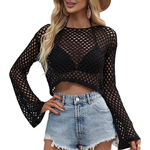 Image of Women's Y2k Crochet Fishnet Long Sleeve Top Vintage Hollow Out Knit See Through Tee Shirt Summer Beach Cover Up (B-Black, M)