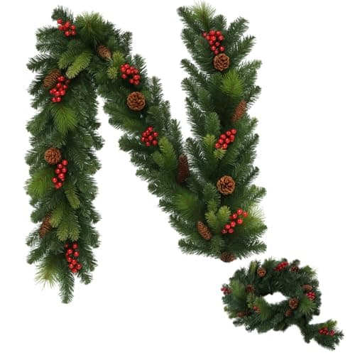 Image of 7ft Spruce & Pine Christmas Garland with Cones & Red Berries | Realistic Green Holiday Garland for Decorating Stairs, Fireplaces, Doors & Windows | Flexible, Durable Xmas Décor for Indoor & Outdoor