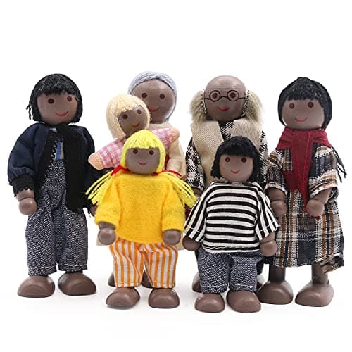 Image of SumDirect Sets of 7 People Wooden Family Doll Toys, Lovely Happy Family Dolls Playset Doll House Accessories for Doll House Kids Children Toy (style 4)