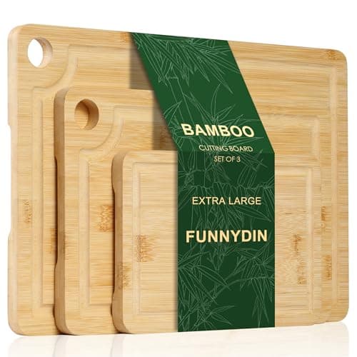 Image of Funnydin Premium Wooden Chopping Board - 3 Piece Extra-Thick Bamboo Chopping Board Set - 38x25cm / 30x20cm / 23x15cm - Ideal for Cutting Meat, Vegetables, Serving Tray, Dishwasher Safe