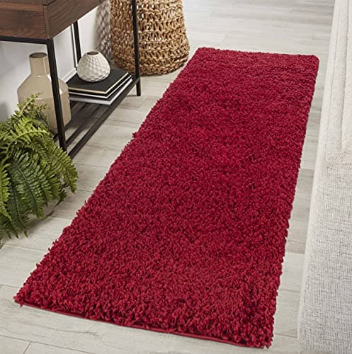 Image of Serdim Rugs Living Room Hallway Runner Shaggy Rugs, Polypropylene, RED, 60x220cm(2" x7'3)