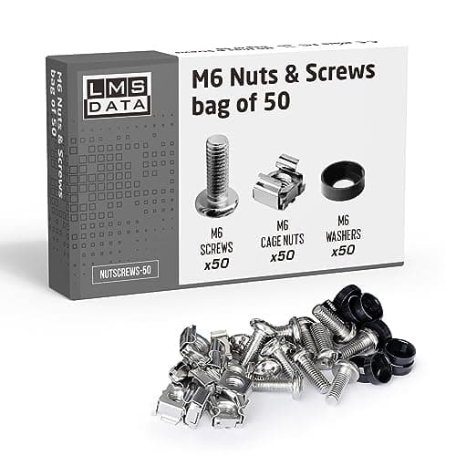 Image of LMS Data M6 Cage Nuts Screws and Washers Set -Assortment Nuts and Bolts Kit for Rack Mount Data Cabinets, Server Shelves Fixing and Installation (Nickle, 50)