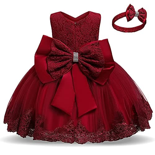 Image of TTYAOVO Baby Girls Lace Dress Bowknot Flower Dresses Wedding Pageant Baptism Christening Tutu Gown Size (80) 6-12 Months 648 Red