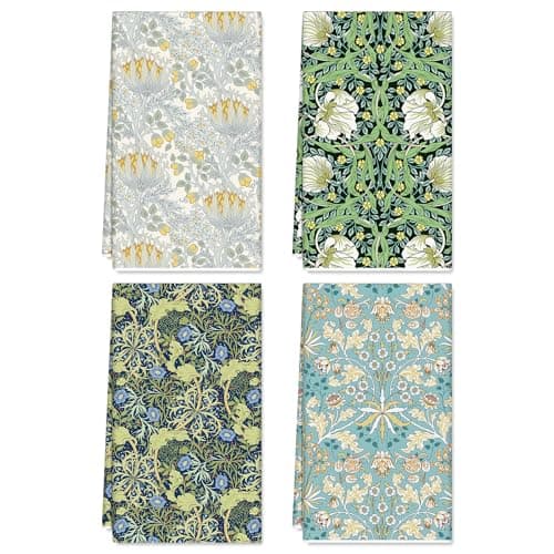 Image of JarThenaAMCS 4Pcs William Morris Kitchen Towel Retro Floral Greenery Dish Towels 18 x 28 Inch Hand Drying Tea Towel for Cooking Baking Cleaning
