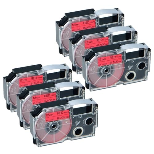Image of NineLeaf Compatible for Casio Label Maker XR-12RD XR-12RD1 12mm x 8m Black On Red Label Tapes for Casio KL-60 100 120 200 300 750 780 820 2000 7000 7200 7400 8100 8200 P1000 Label Printers, 6PK