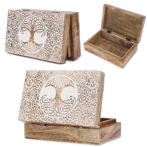 Image of Ajuny Hand-Carved Wooden Jewellery Box – Tree of Life Carving, Handmade Mango Wood Keepsake/Trinket Organiser, Decorative Treasure Chest Storage, Gift for Women & Men, 8 × 5 Inch