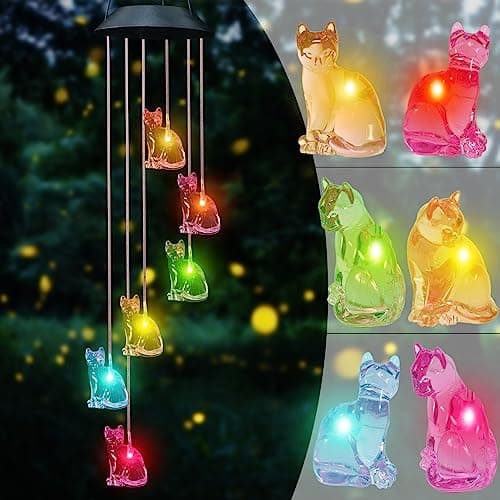 Image of UXORSN Cat Solar Wind Chimes for Garden Mothers Day Birthday Gifts for Women Mum Grandma Color Changing Decorative Lights Waterproof Mobile Hanging Wind Chime for Outdoor Patio Party Yard Garden Decor