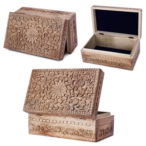 Image of Ajuny Wooden Jewellery Box 10 x 6 x 4 Inch Handcarved Flower Design Decorative Keepsake Box Trinket Storage Organiser Handmade Wooden Treasure Chest Gift Box
