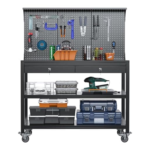 Image of FlairVibe Mobile Metal Workbench with Pegboard, Shelf & 2 Lockable Tool Drawers - Heavy Duty Steel Workbench with Wheels, 1500 x 1000 x 530 mm,500KG Max Weight Capacity