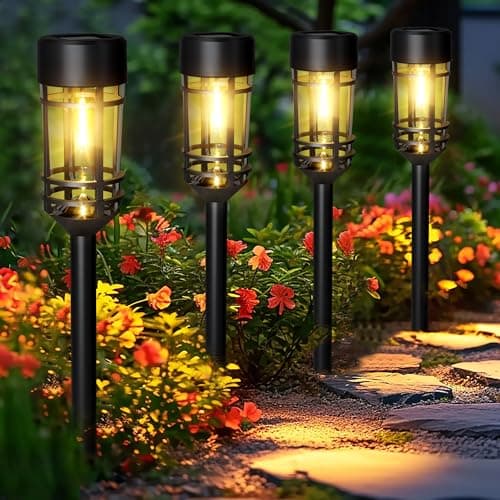 Image of GIGALUMI Solar Lights Outdoor Garden 4 Pack, Waterproof Solar Powered Pathway Lights Outdoor, Tungsten Glow for Yard Path Patio Landscape Walkway(Warm White)