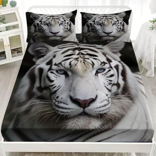 Image of Fitted Sheets for Single Bed, Animal White Tiger Close Up Soft Microfibre Bedding Sheets Deep Pocket 30cm White 3 Piece Shrinkage Fade Resistant Bedding Sets 90x190x30cm