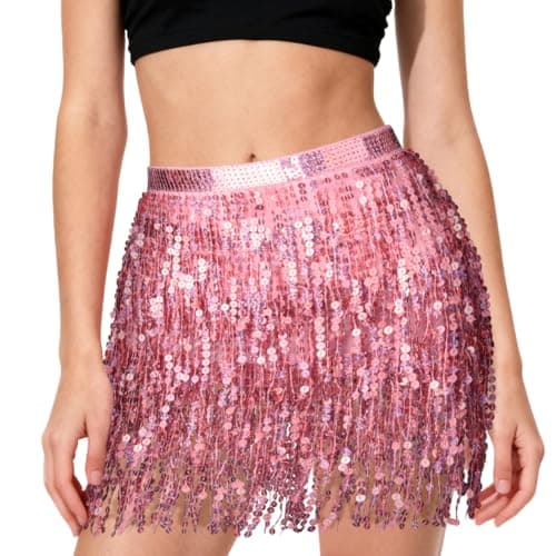 Image of AYBUY Sequin Skirt for Women, Tassel Belly Dance Skirt Mini Sparkly Glitter Shiny Skirts for Performance & Festival Dance, Pink
