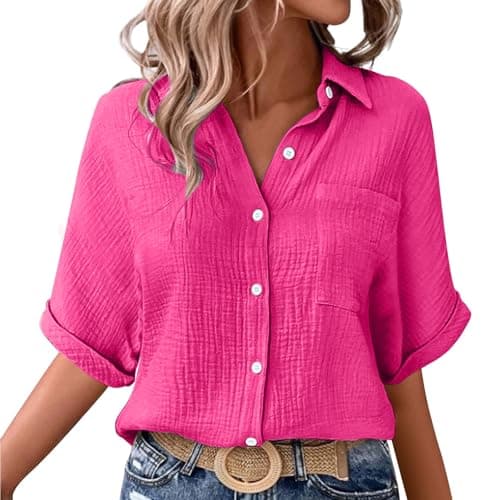 Image of YIzdegg Muslin Blouse Women's Elegant Tunic V-Neck Tops Summer Short Sleeve Linen Blouse Lightweight and Breathable Long Blouse Oversized Shirt Blouse Casual Linen Shirt, hot pink, L