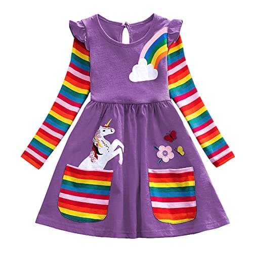 Image of Rainbow Unicorn Dress for Girls - Purple Stripe Flower Embroidery 3-4 Years Casual Winter Long Sleeve Birthday Party Dress