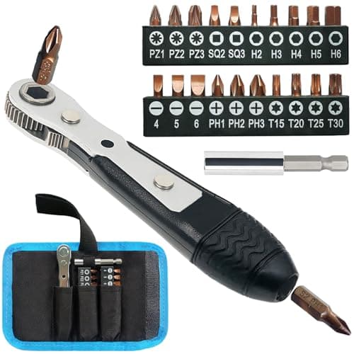 Image of Mini Ratchet Screwdriver Set, Right Angle Screwdriver,Short Offset Screwdrivers with Phillips, Flat, Torx, Hex, Square,Pozidriv S2-Alloy Steel Bits (36-Teeth)
