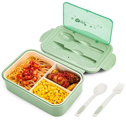 Image of BIBURY Lunch Box, Leakproof Bento Box for Kids Adults, Food Container with 3 Compartments and Cutlery Set, BPA Free, Microwave and Dishwasher Safe Meal Prep Containers - Green