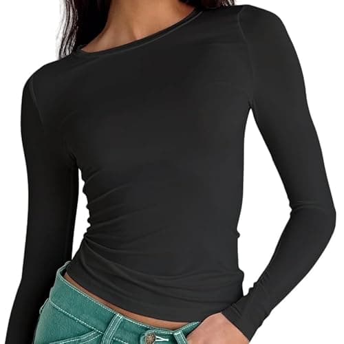 Image of OYIGELZ Women's Basic Long Sleeve Shirt Crew Neck Slim Fit Crop Top Y2K T-Shirt Casual Blouse Tee Tops Streetwear(Black-T1,XS)