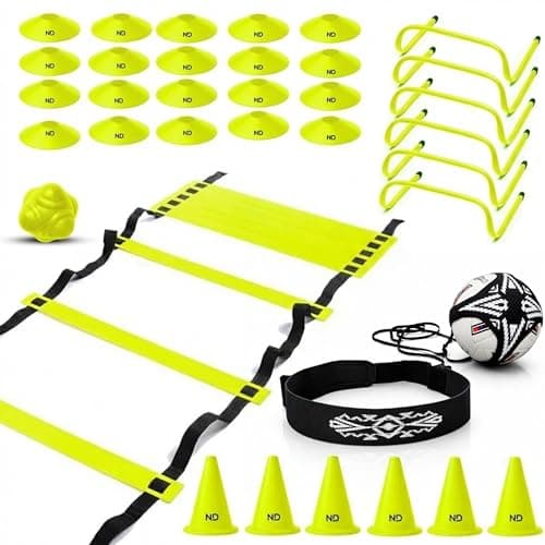 Image of ND Sports Football Training Equipment – Agility Speed Ladder & Football Ladder Set, 4M Ladder with 10 Rungs, 6 Hurdles, 6 Cones, 20 Markers, Reaction Ball, Kick Trainer & Carry Bag (Yellow)