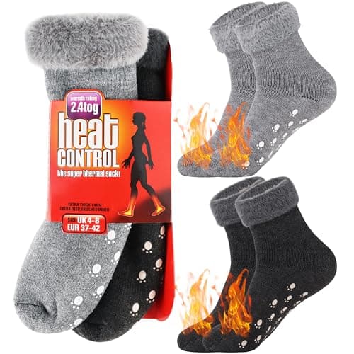 Image of Jeasona 2 Pairs Thermal Socks for Women Non-slip Slipper Socks Extra Warm Thick Socks Winter Socks Women Christmas Stocking Stuffer for Mum Grandma