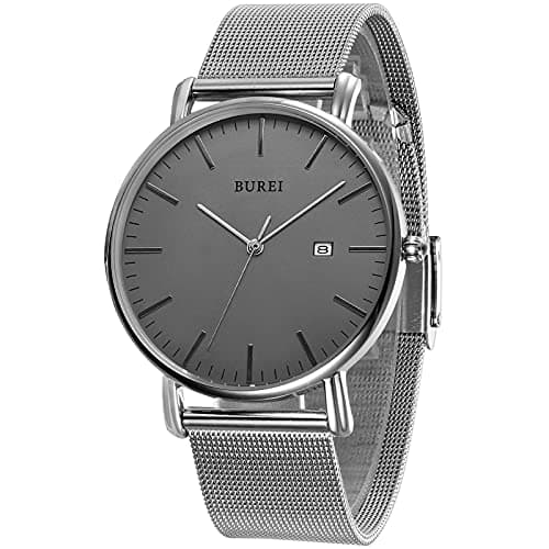 Image of BUREI Ultra Thin Minimalist Modern Mens Watch Classy Date Gents Watch with Classic Simple Design of Big Face Soft Band (Silver Grey)