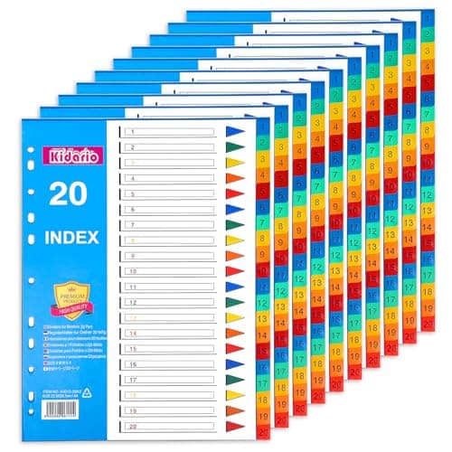 Image of File Dividers A4, 10 Pack 20 Part Folder Dividers 1-20 Coloured Plastic A4 Dividers for Lever Arch Files Ring Binders Office School Index Dividers