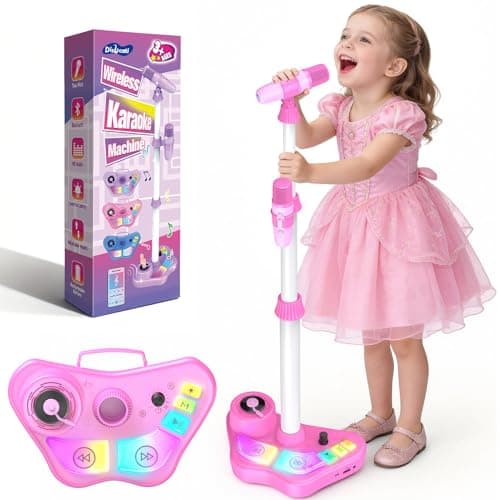 Image of Dislocati Kids Karaoke Machine 2 Microphones, Girls Toys Age 3 4 5 6 7 8 9 10 Year Old Girls Gifts Kids Microphone and Stand Girls Birthday Presents Bluetooth Speaker with LED Lights