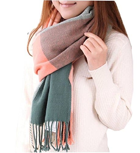 Image of heekpek Winter Long Soft Warm Tartan Check Scarves Wraps for women Wool Spinning Tassel Shawl Long Stole， Pink Green， One Size