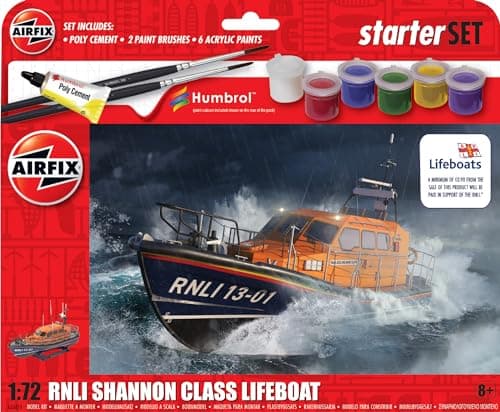 Image of AIRFIX - Starter Set - A55015 RNLI Shannon Class Lifeboat Model Building Kit - Plastic Model Boat Kits for Adults & Children 8+, Set Includes Decals, Acrylic Paints, Brushes & Poly Cement - 1:72 Scale