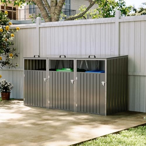 Image of Warmiehomy Wheelie Bin Storage 3 Bin Storage for Wheelie Bins Galvanized Steel Outdoor Garbage Can Store with Locking Door Triple Wheeled Bins Hideaways with Lifting Lids,Grey