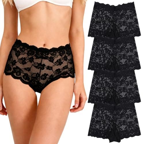 Image of InfiniZer 4 Pack Women Lace Underwear Knickers Multipack Stretch Breathable Hipster Panties Boxers Shorts (UK, Alpha, M, Regular, Regular, 4*Black)